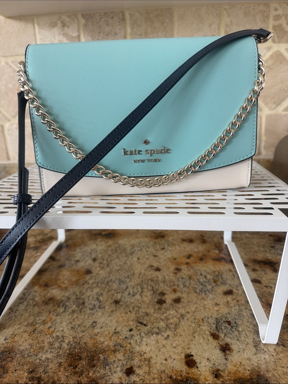 kate spade Mint and White Crossbody with Navy Strap & Silver Chain New no tags